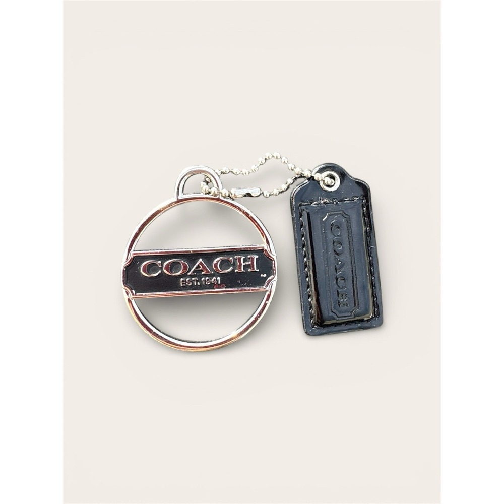 Coach Silver Metal Circle Black Logo W/ Hang Tag Bag Charm Key Ring Round 1941